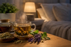 Taza de té natural para un sueño reparador y profundo en un habitación con luz tenue