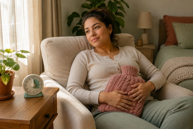 Mujer aplicando compresa caliente para aliviar cólicos menstruales