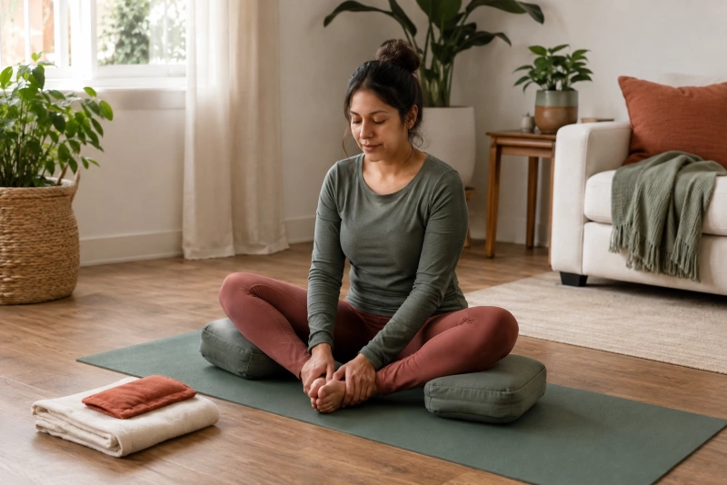 Mujer practicando yoga para aliviar cólicos menstruales