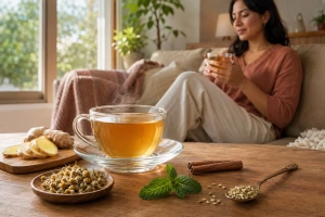Chica junto a una taza de infusión calmante para cólicos menstruales