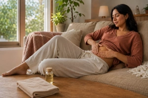Mujer haciéndose masajes para aliviar cólicos menstruales