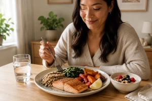 Mujer comiendo alimentos recomendados duramte el ciclo menstrual