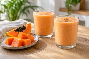 Vaso con batido anaranjado rodajas de papaya y en trozos