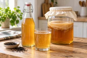 Botella de vidrio con kombucha burbujeante y fondo de frutas y hierbas