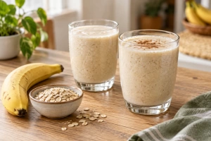 Vasos llenos de licuado cremoso con avena y rodajas de plátano