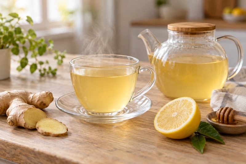 Taza y tetera con infusión de jengibre y limón sobre mesa de madera