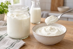Frasco de vidrio con yogur cremoso y bol con cuchara sobre mesa de madera clara