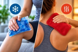 Imagen comparativa mostrando a dos personas aplicado frío y calor para el dolor muscular